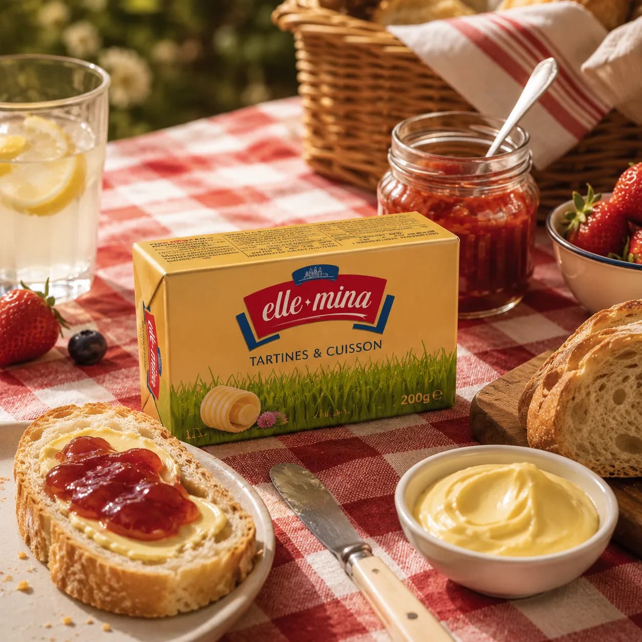 Elle Mina 200g consumer margarine served on a picnic table with bread and jam
