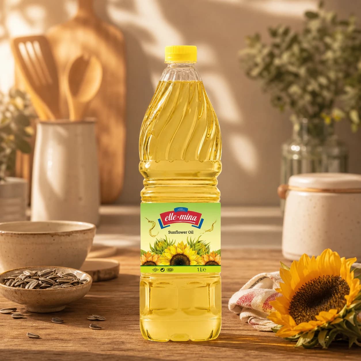 Elle Mina 1L sunflower oil bottle in a warm kitchen setting