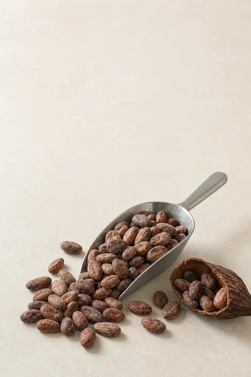 Fermented and dried cocoa beans arranged as a commercial product sample