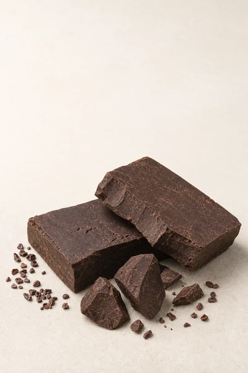 Dark cocoa mass blocks and cocoa nibs arranged as a commercial ingredient sample