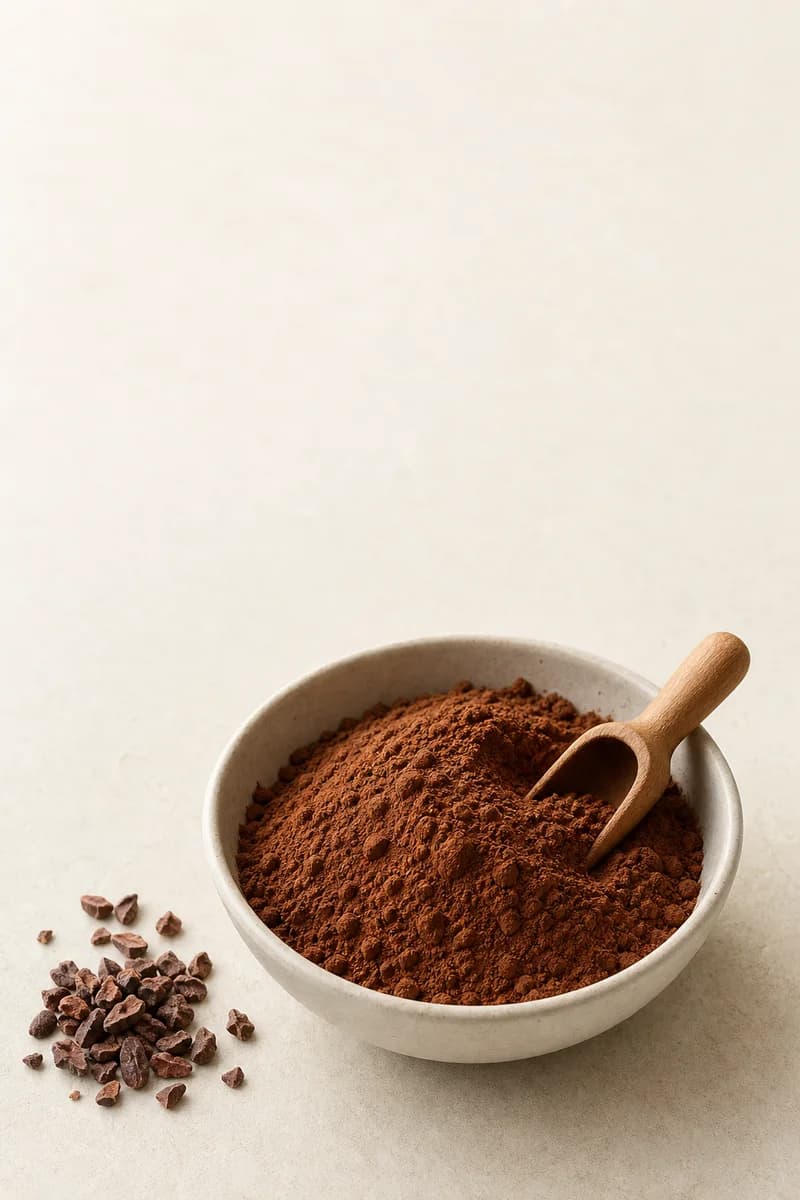 Fine cocoa powder presented as a commercial ingredient sample