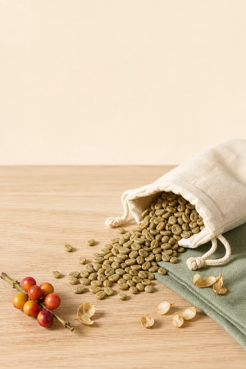Unroasted Arabica Santos Fine Cup beans in a commercial metal sampling scoop