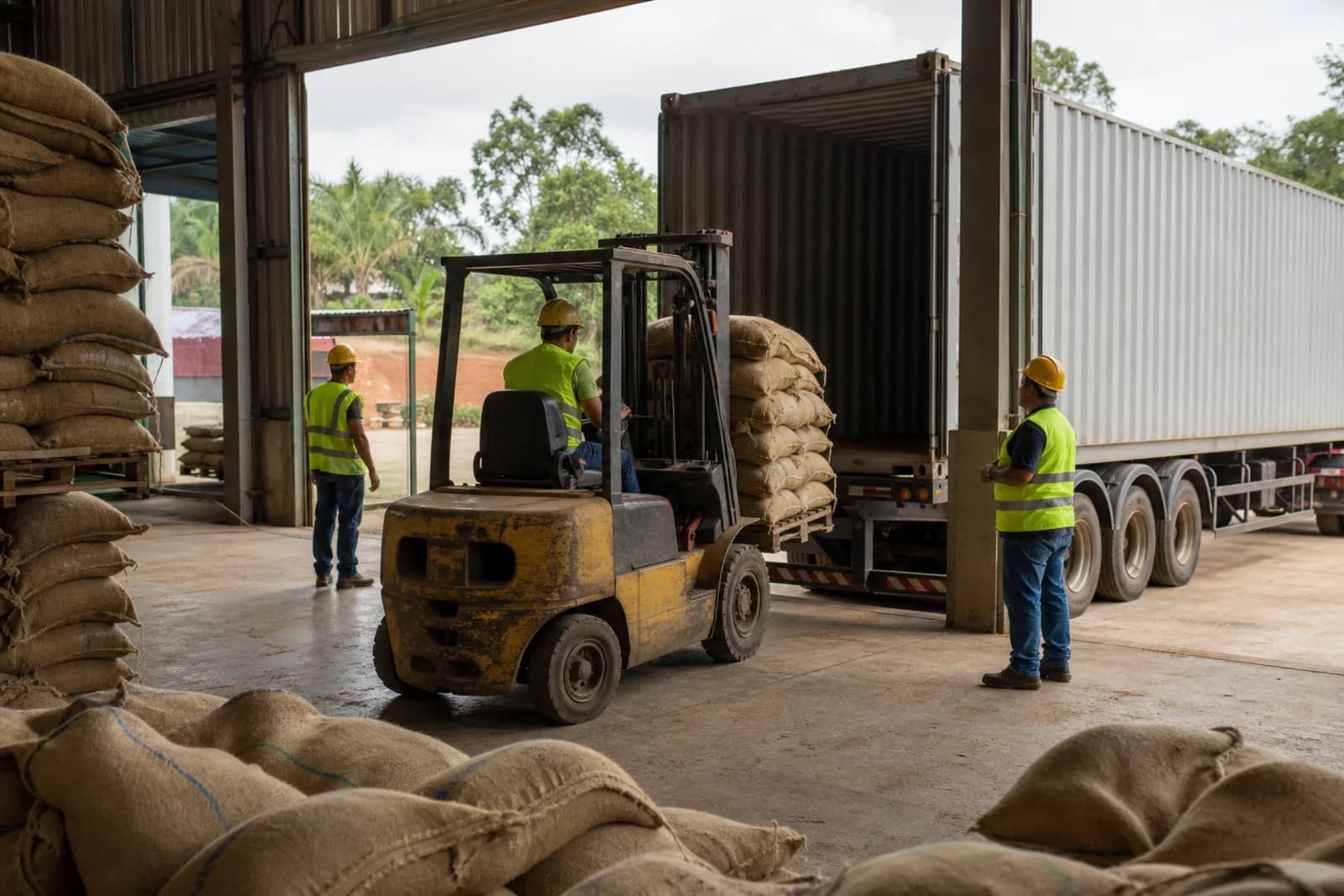 Green coffee export bags being loaded into a shipping container at a Brazilian warehouse