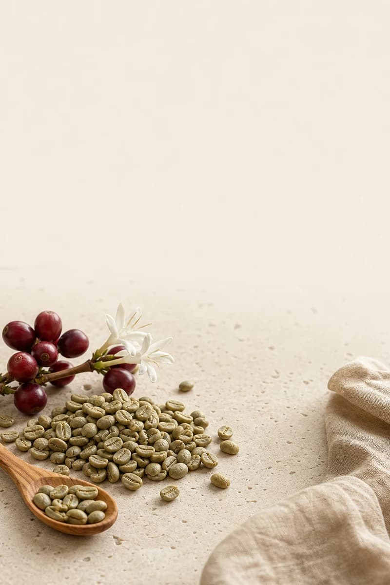 Selected unroasted specialty Arabica beans on dark coffee wood with ripe cherries and leaves