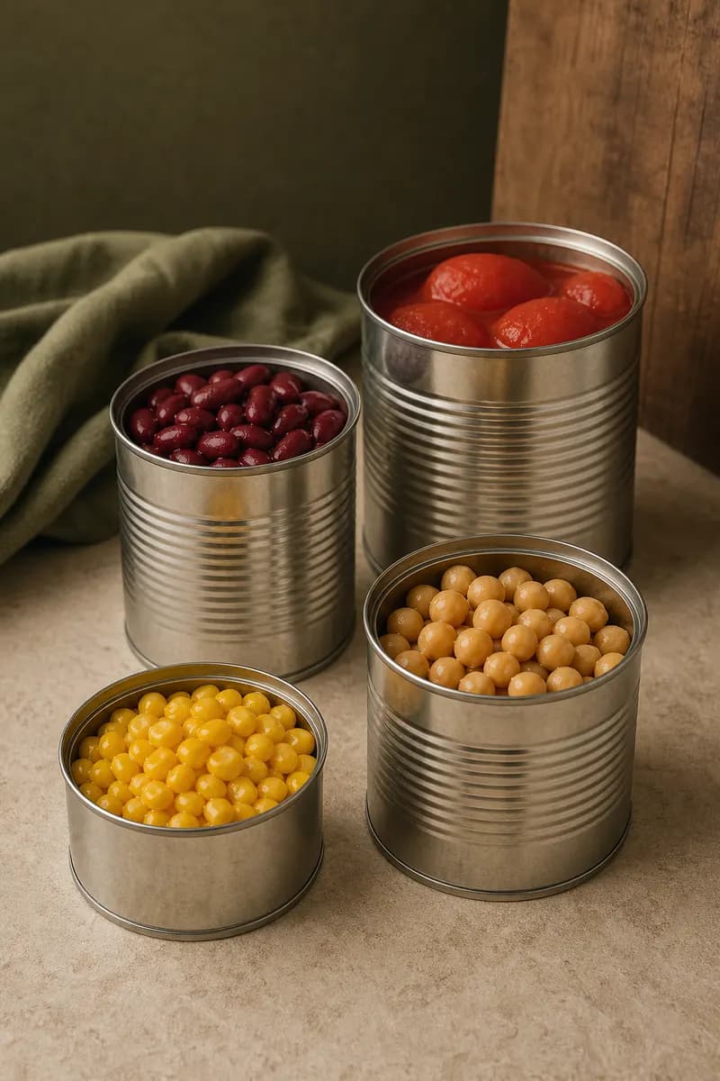 Assorted canned vegetables, fruit and fish presented in unbranded metal cans