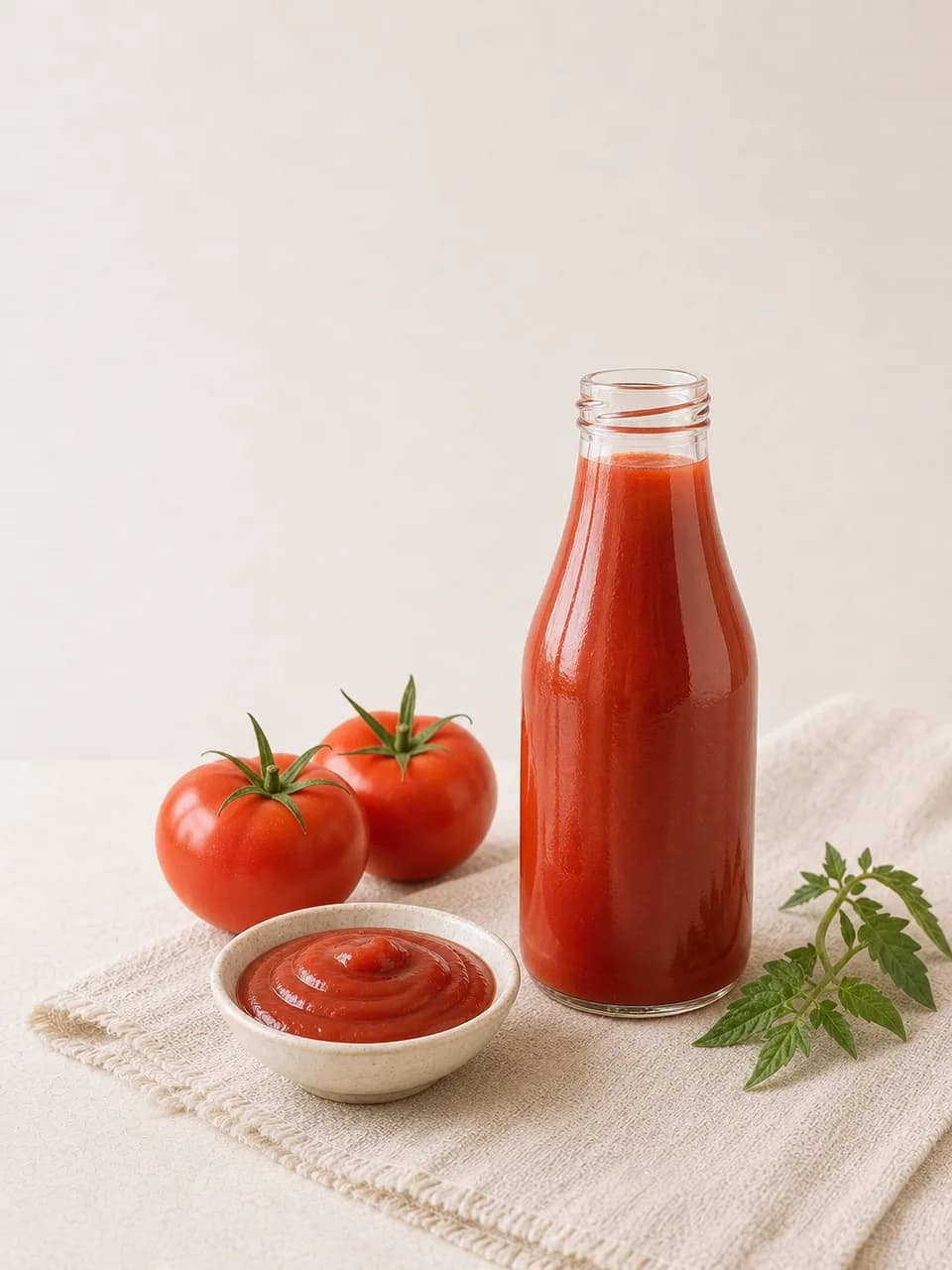 Tomato ketchup presented with ripe tomatoes as a commercial product sample