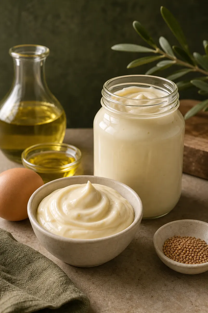Creamy mayonnaise presented in a glass jar as a commercial product sample