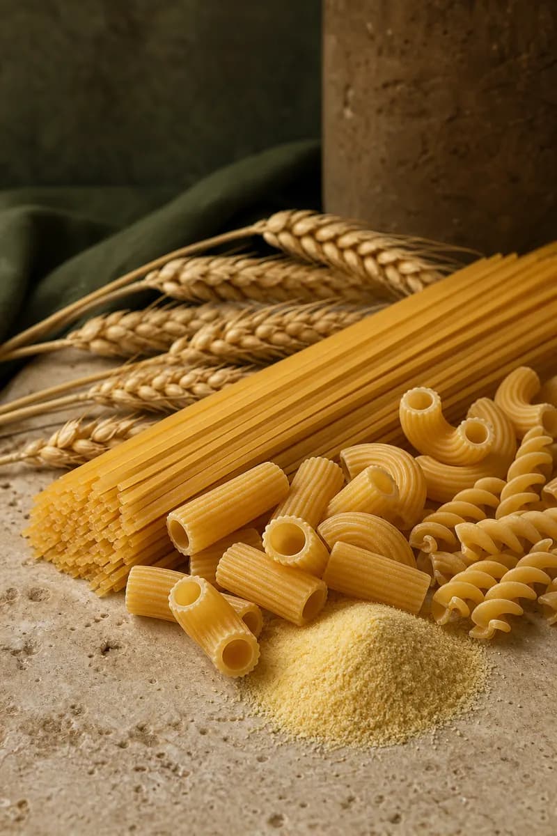 Long and short dry pasta shapes presented as commercial product samples