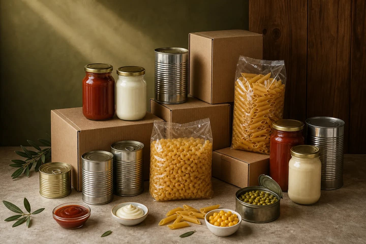 Assorted shelf-stable food packs representing packing and distribution planning