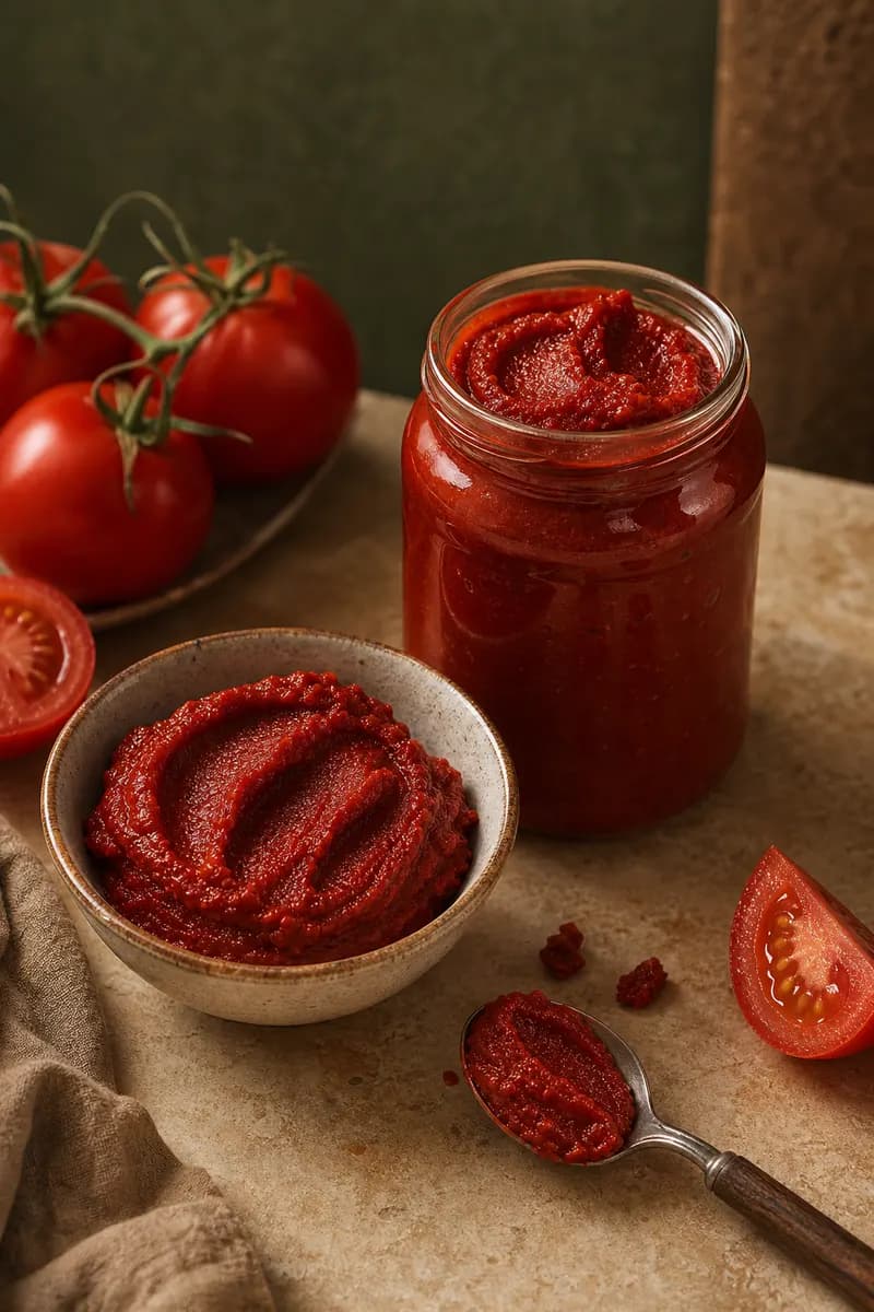 Concentrated tomato paste presented with ripe tomatoes as a commercial sample