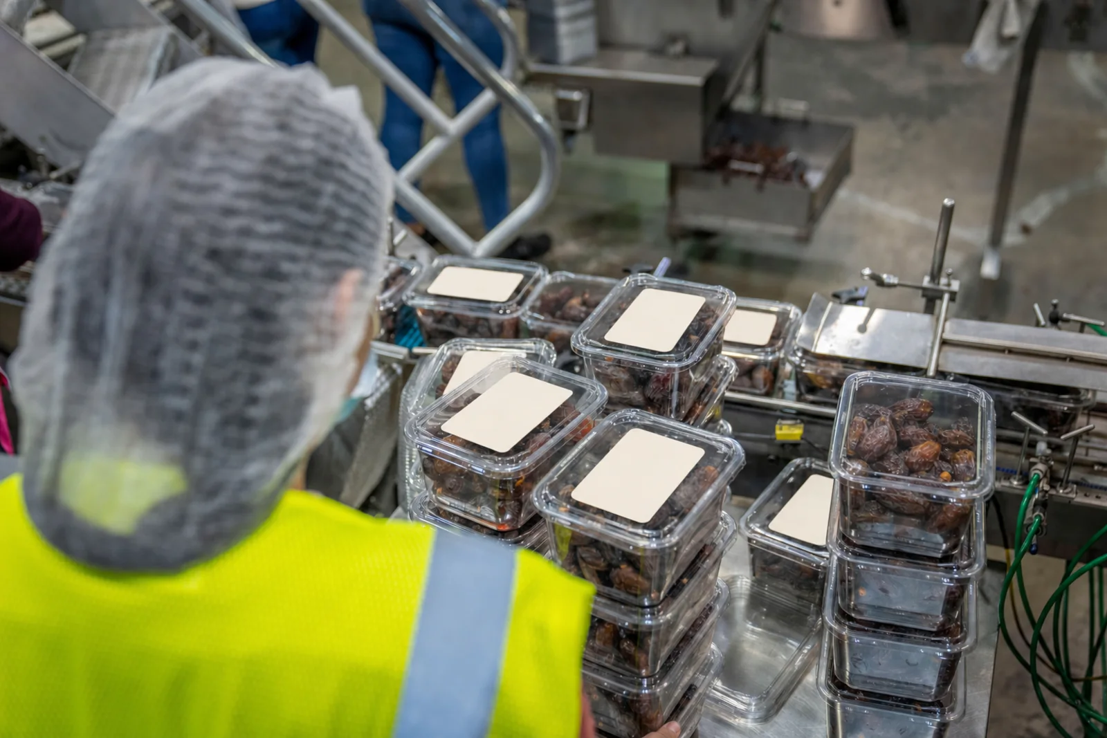Food packaging worker overseeing unbranded containers on a production line