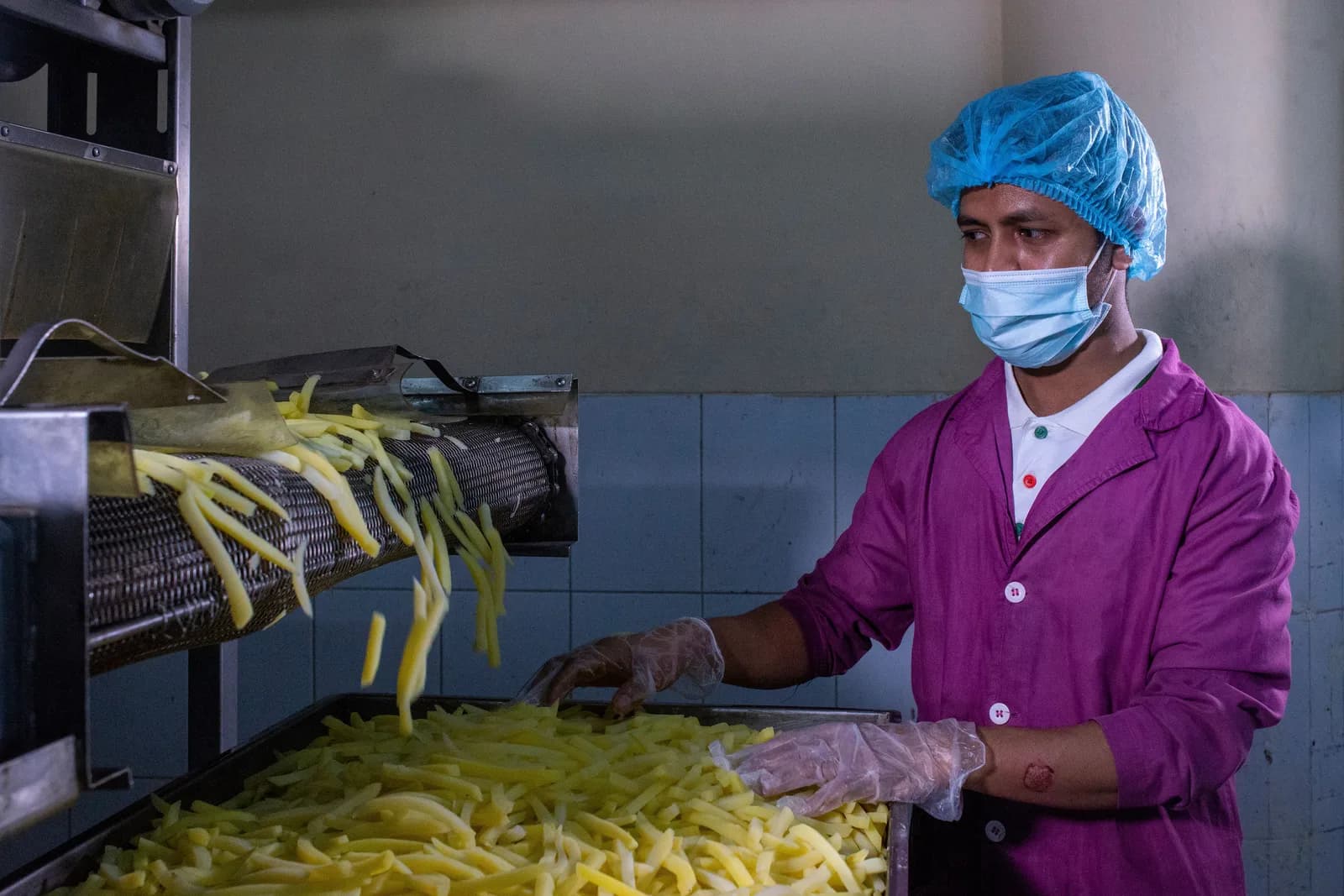 Food production specialist monitoring a processing line