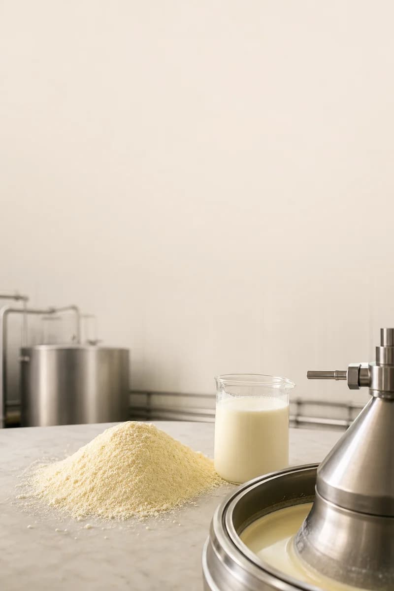 Buttermilk powder beside a restrained liquid buttermilk and butter-making process cue