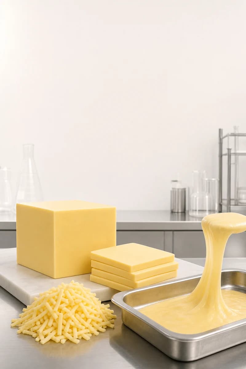 Uniform cheese-like blocks, precise slices and shreds shown in a controlled melting test