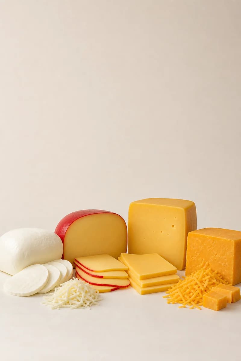Mozzarella, Edam, Gouda and Cheddar varieties presented in distinct commercial formats