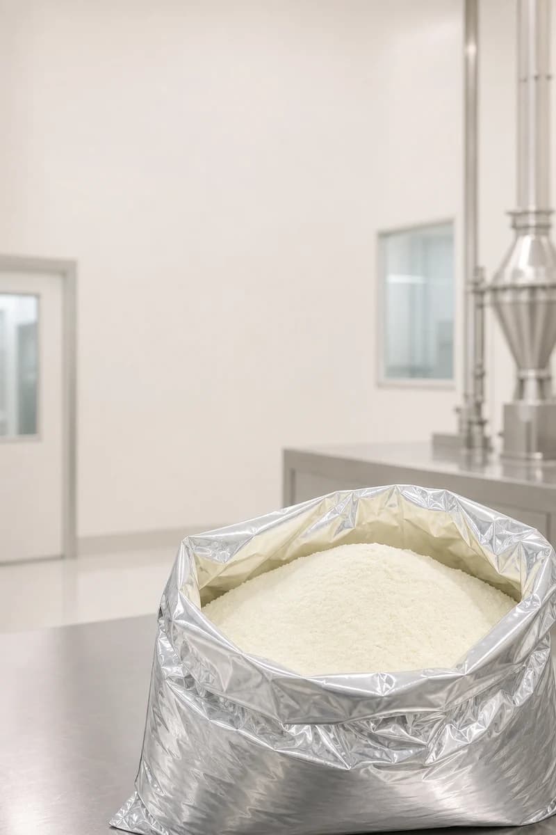 Infant-grade dairy powder in a sealed silver industrial bag inside a sterile quality environment