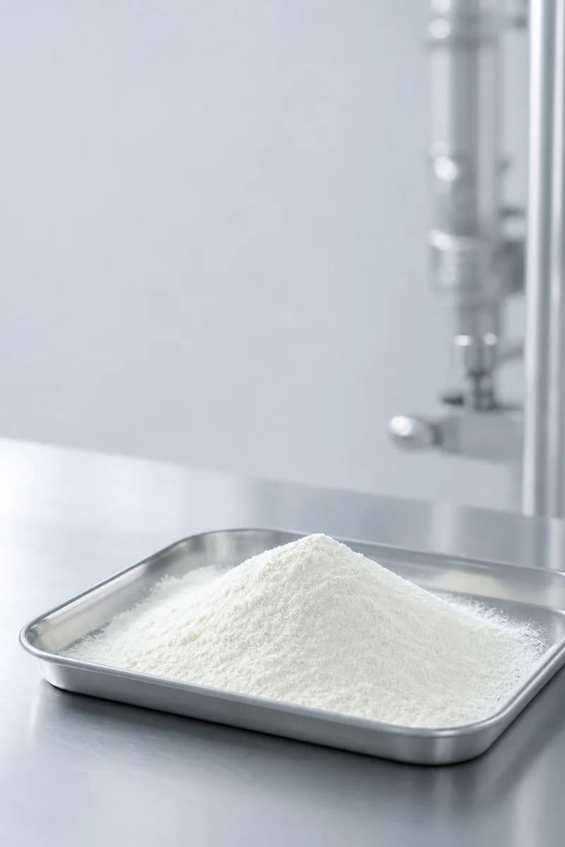 Bright white skimmed milk powder presented as a cool-toned technical dairy sample