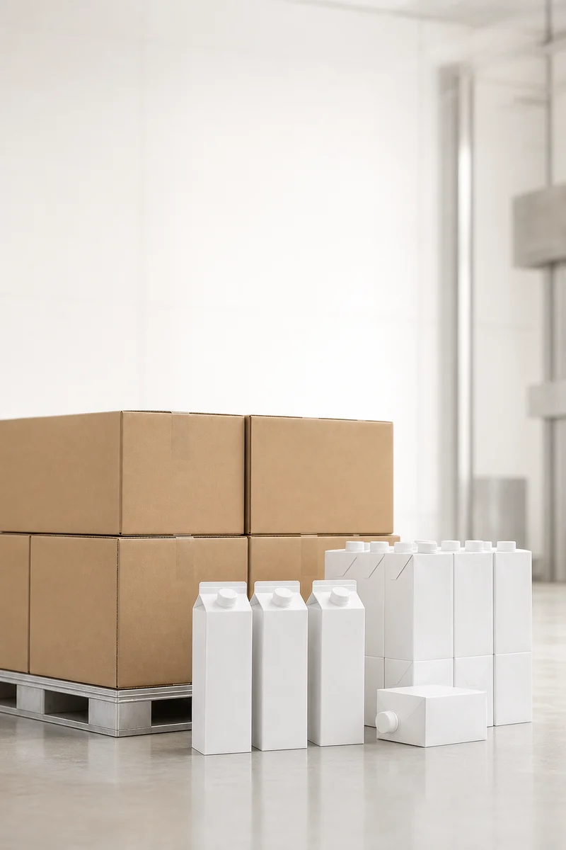 Unbranded aseptic UHT milk cartons arranged with clean industrial shipping cases
