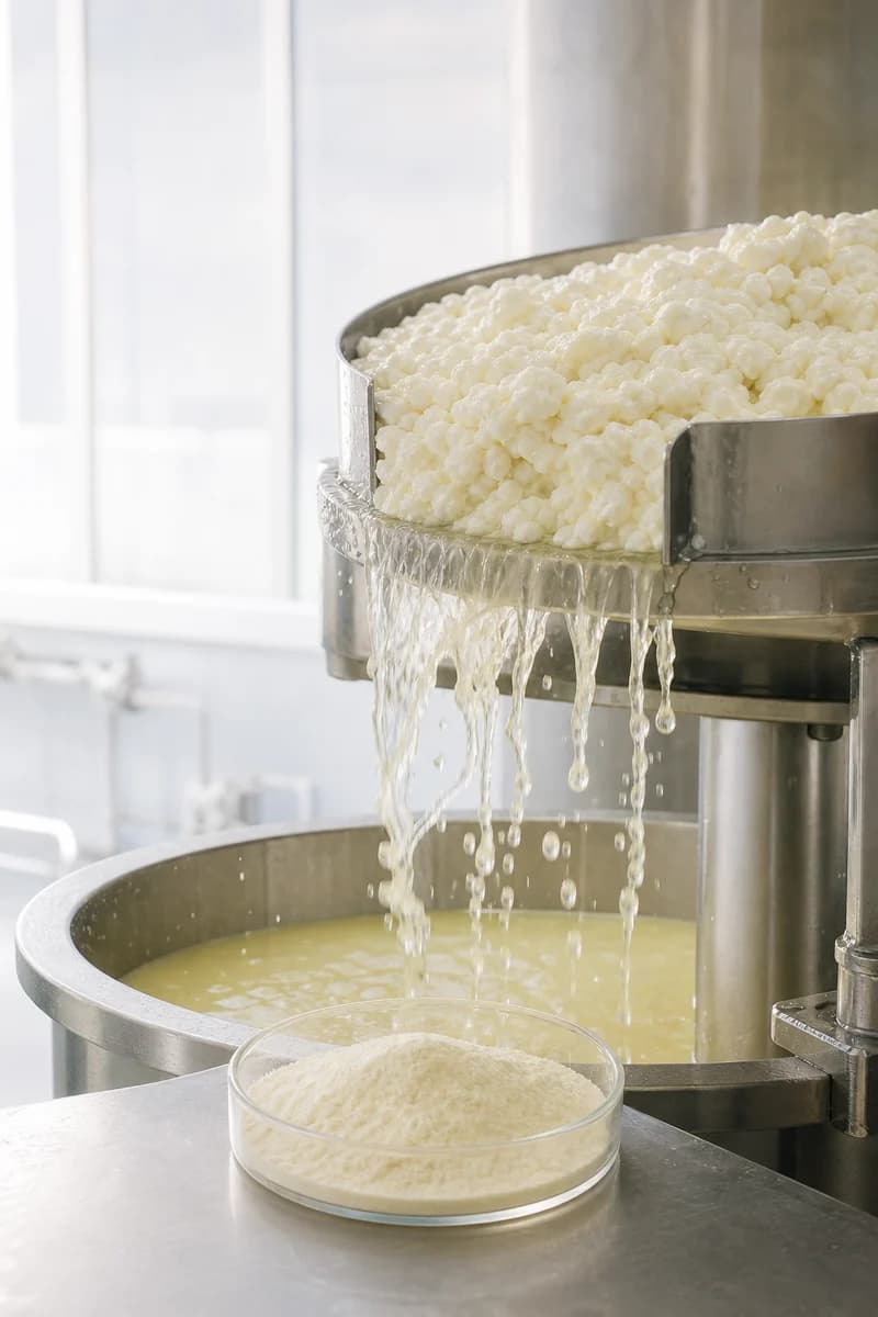 Golden liquid whey draining from fresh curds beside a commercial whey powder sample