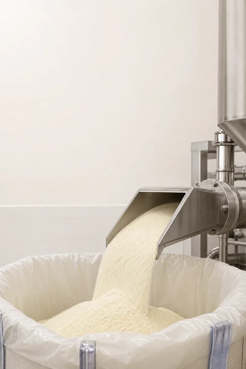 Warm whole milk powder flowing from a stainless filling chute into an industrial lined bag