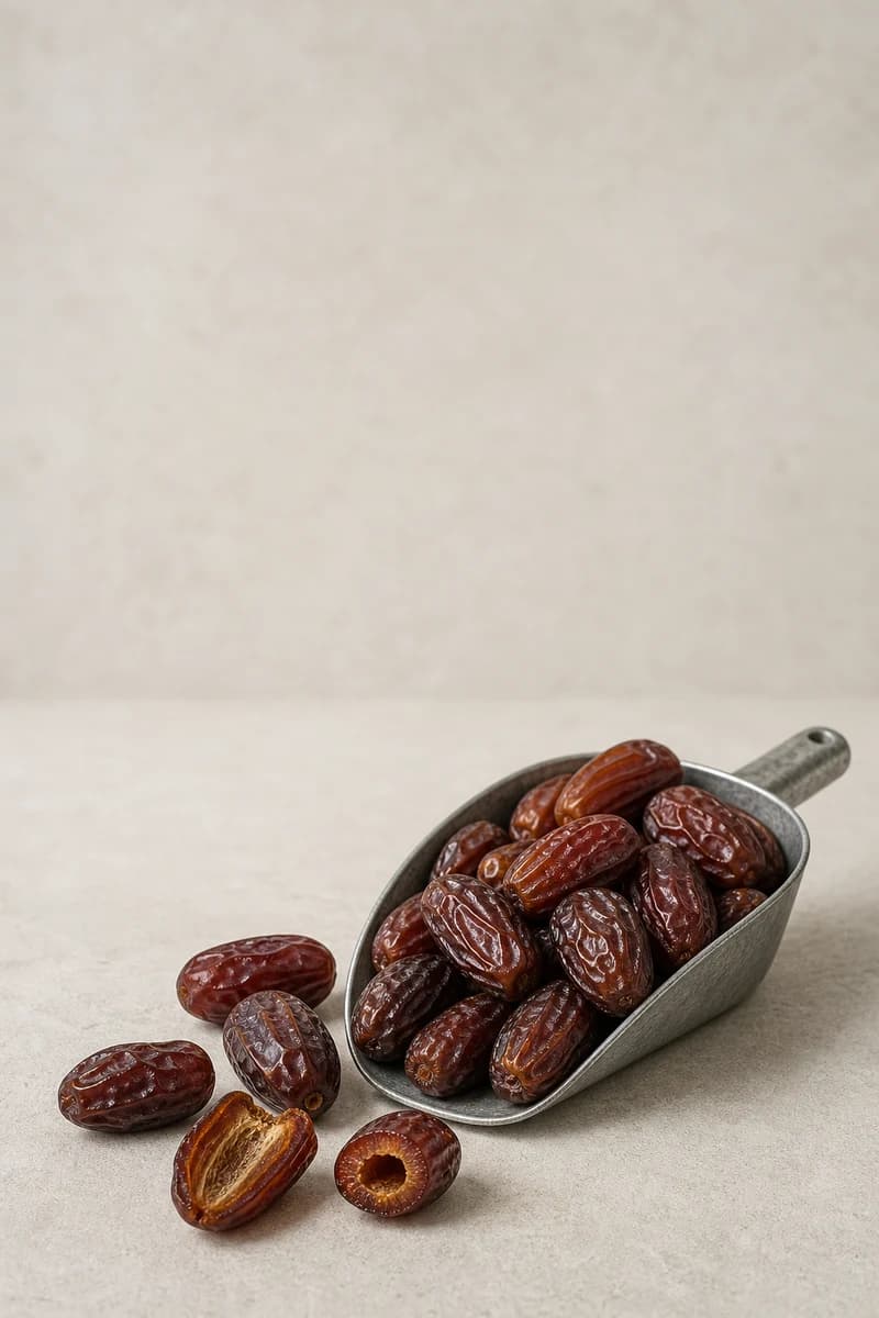 Whole and pitted dried dates presented as a commercial sample