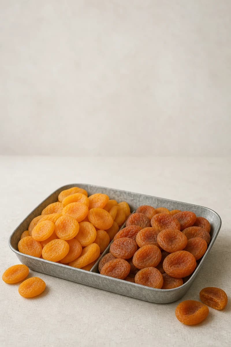 Sulphured golden-orange and natural amber-brown dried apricots presented separately