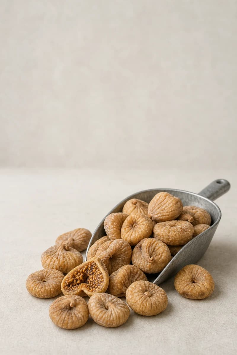 Whole and split dried figs with naturally wrinkled skins and seeded interiors
