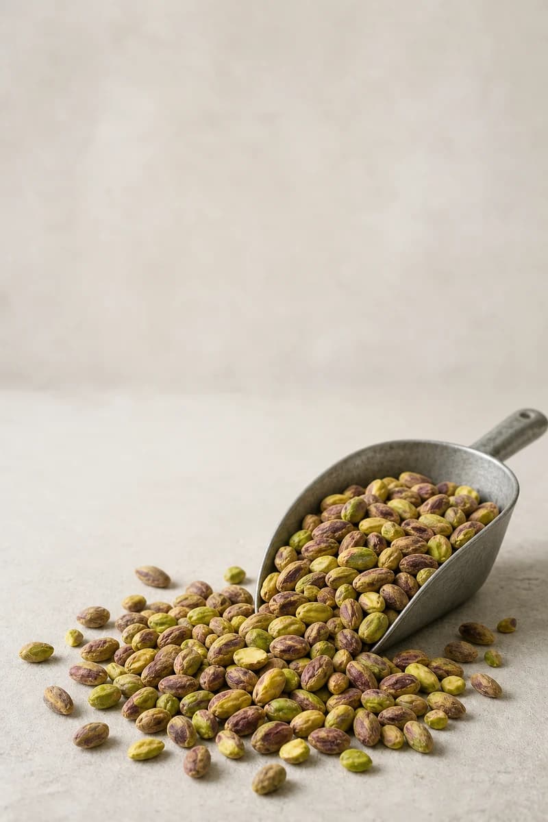 Whole and broken pistachio kernels in natural green and purple-brown tones