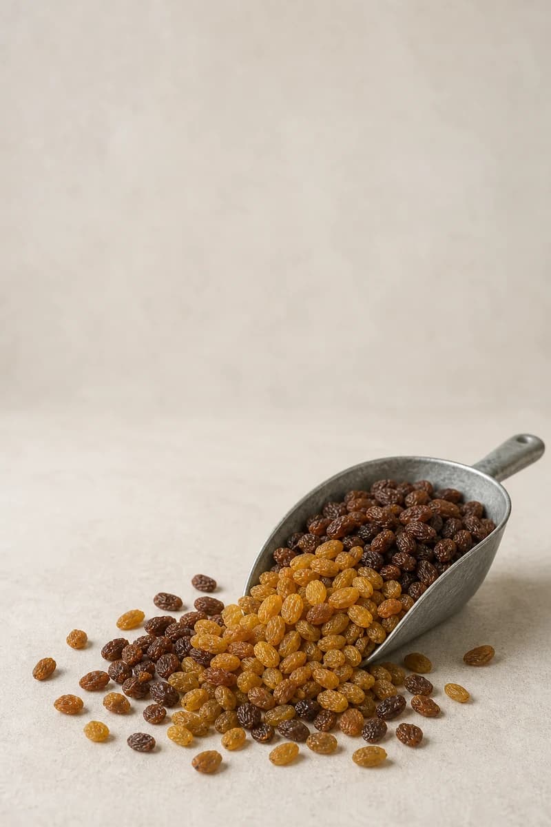 Golden sultanas and dark raisins presented as separate commercial samples