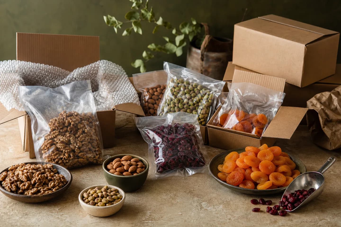 Dried fruit and nuts in commercial packs representing storage-route planning