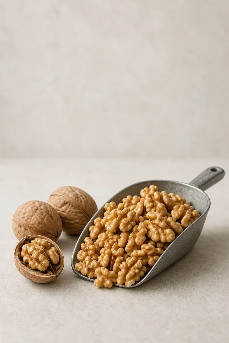 In-shell walnuts and light-coloured walnut halves and pieces