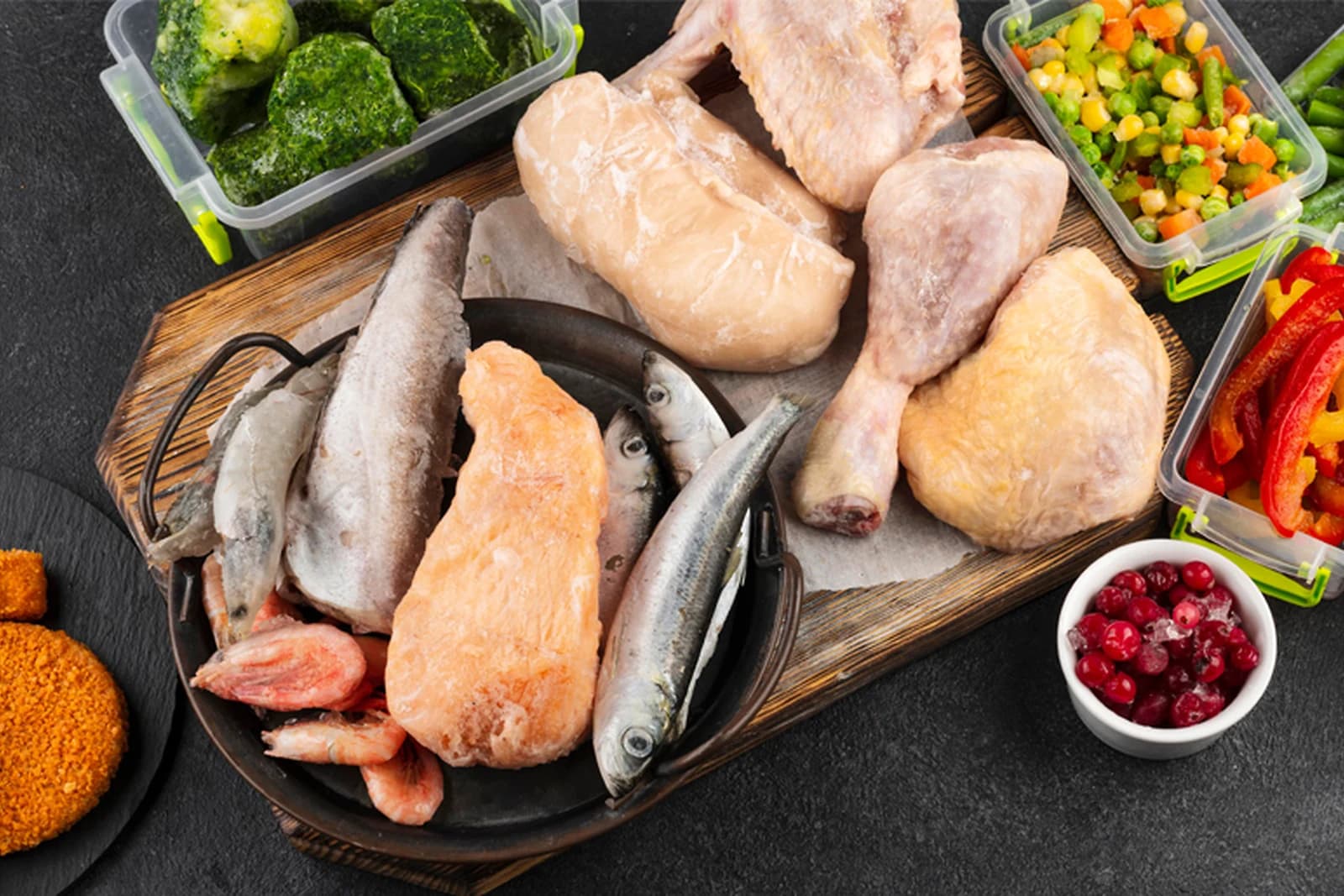 Assorted frozen poultry, fish, seafood, vegetables and prepared products