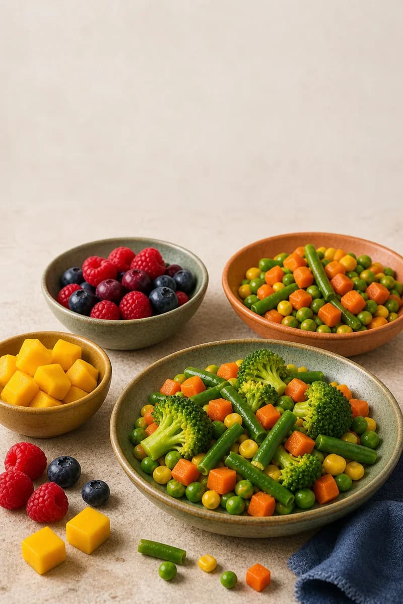 Bright prepared vegetables, berries and mango presented in varied ceramic bowls