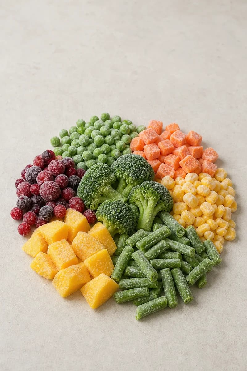 IQF fruit and vegetables with visible natural frost presented as separate commercial samples
