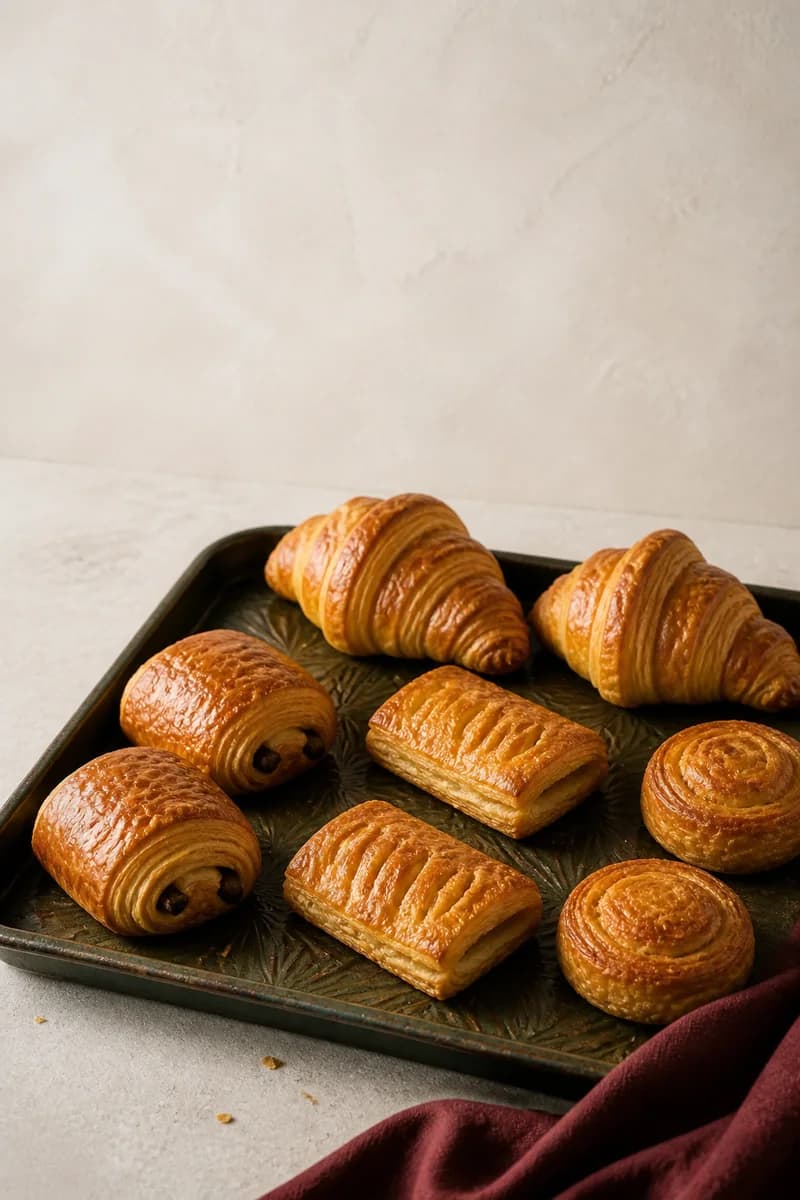 Golden croissants, pain au chocolat and baked puff pastries presented on a green bakery tray