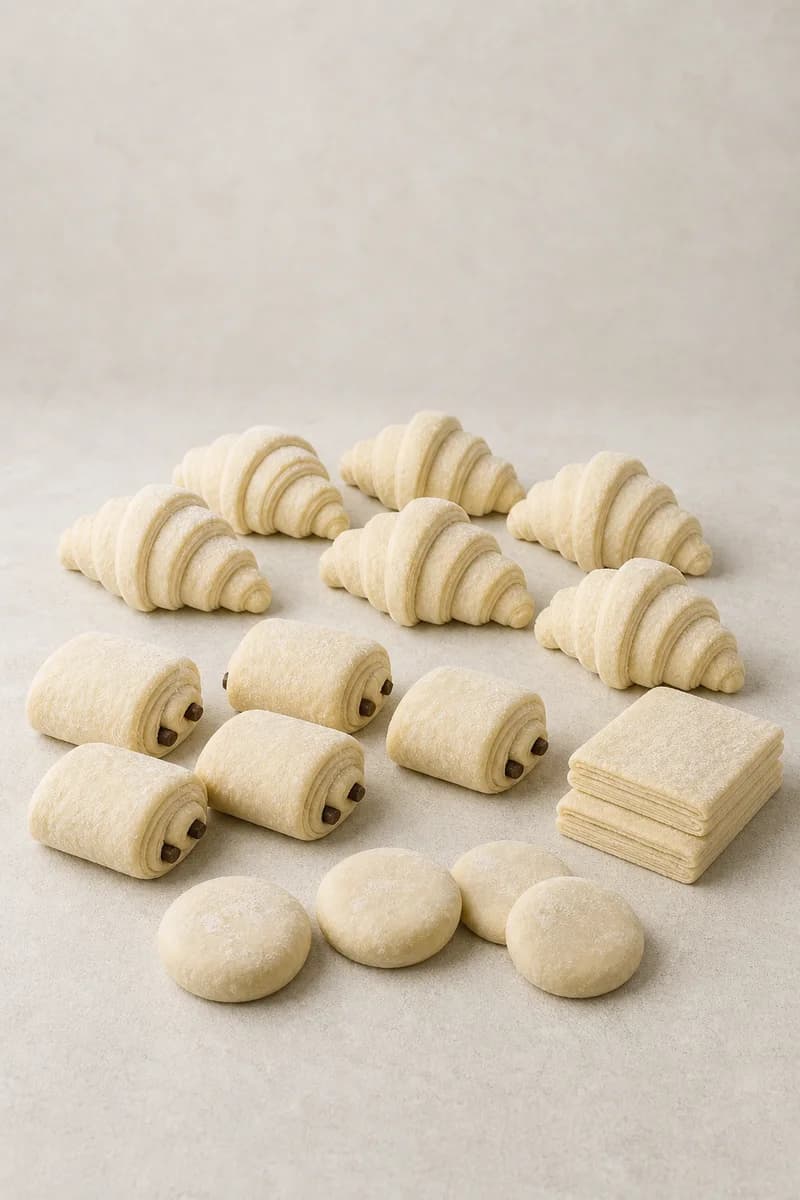 Unbaked frozen croissants, laminated pastry, puff-pastry squares and dough portions