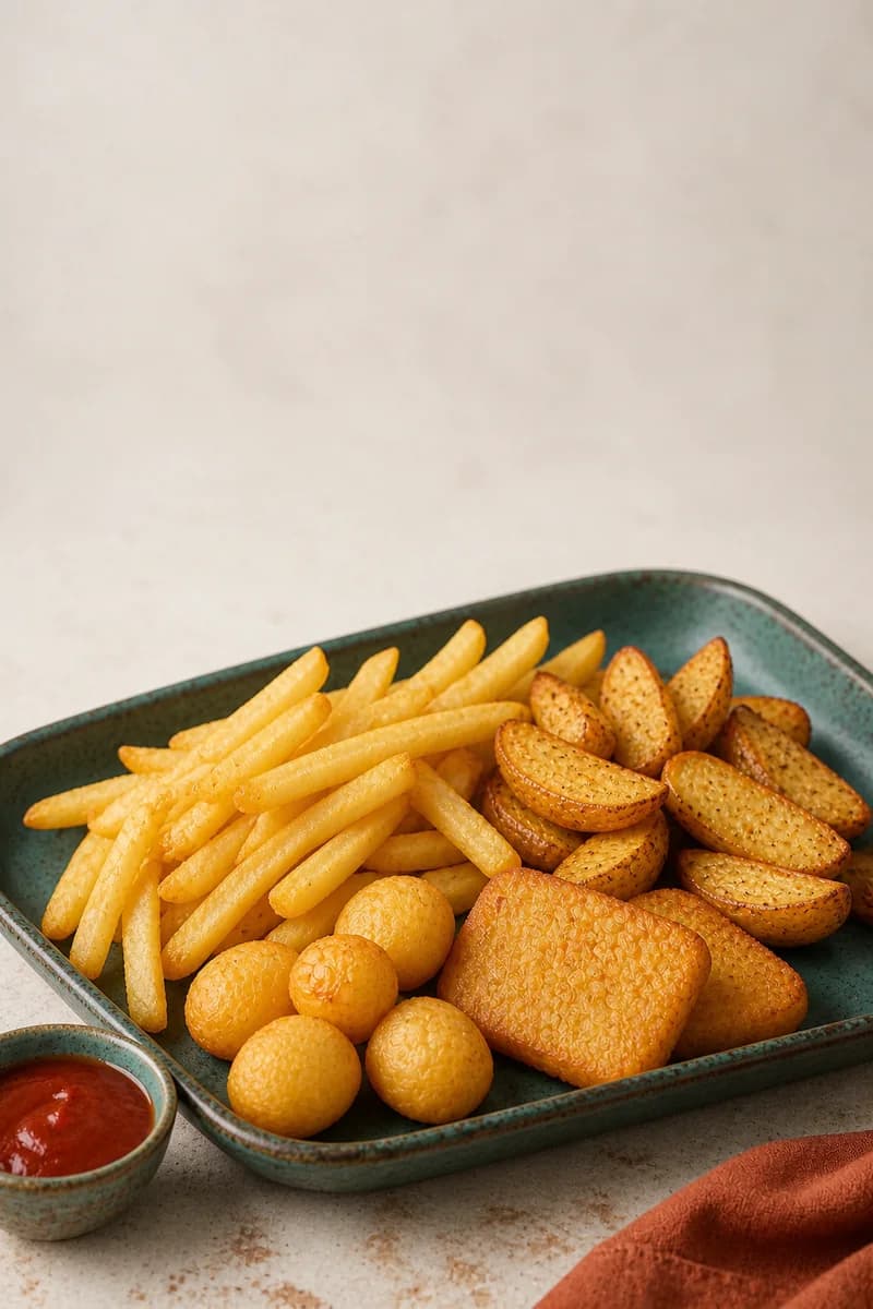 Golden fries, potato wedges, hash browns and formed potato bites served on a teal tray