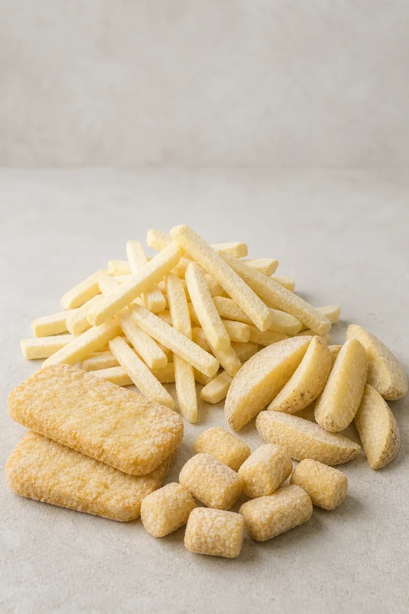 Uncooked frozen French fries, wedges, hash browns and formed potato products presented as a commercial sample