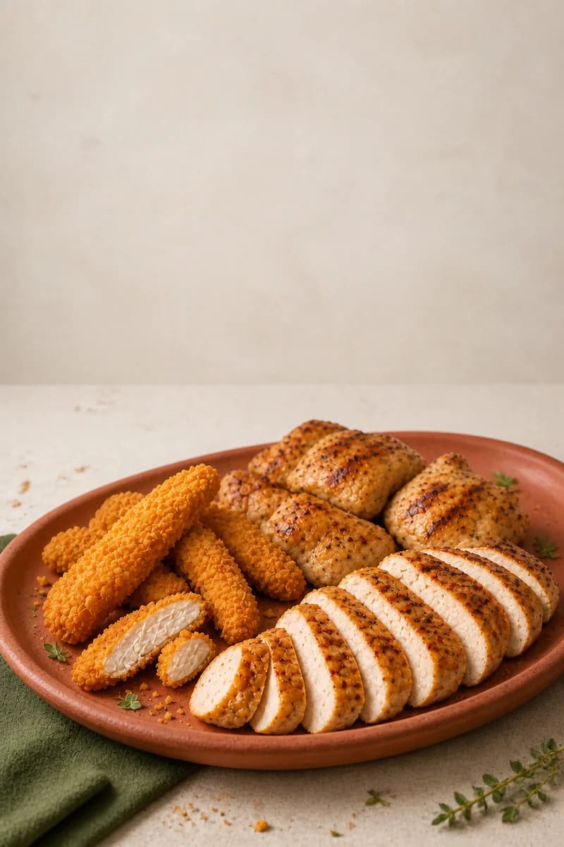 Grilled chicken breast, boneless poultry pieces and breaded chicken strips on a terracotta platter