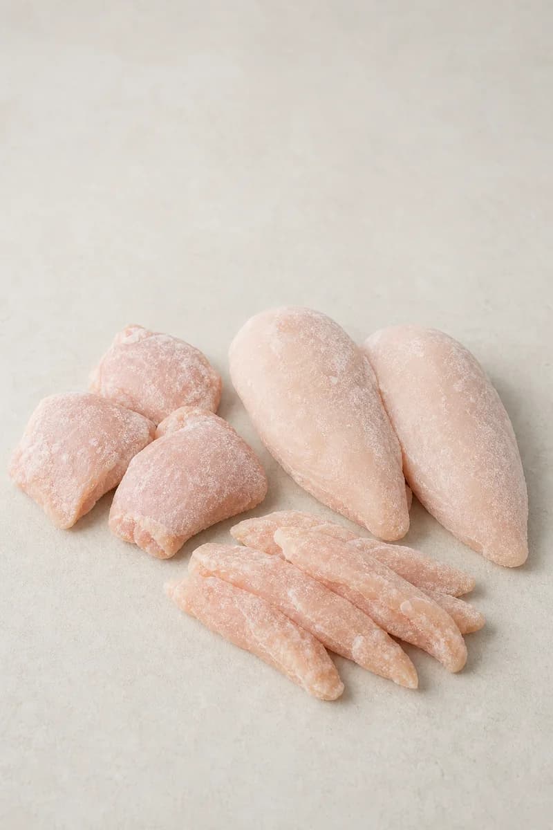 Uncooked frozen poultry breasts, boneless thigh pieces and calibrated strips presented separately