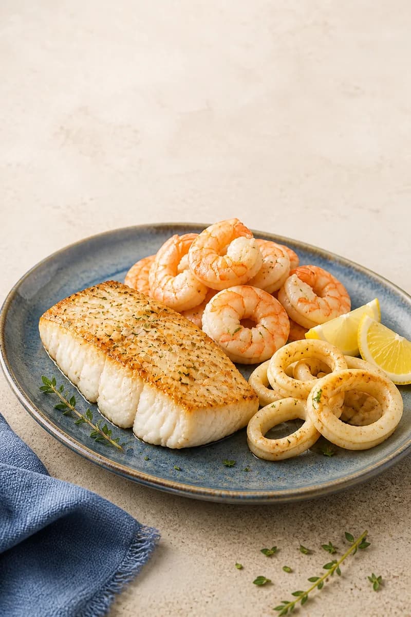 Seared white fish, cooked shrimp and calamari served on a blue ceramic platter