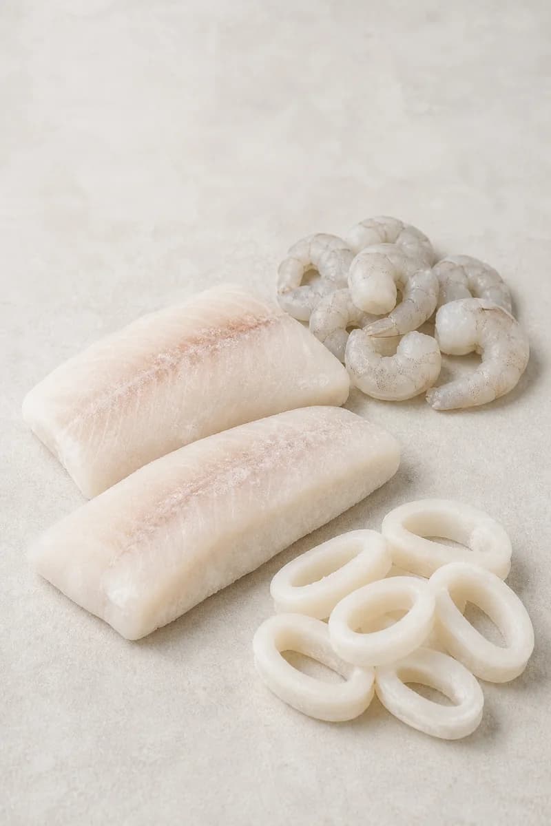 Frozen white-fish portions, glazed shrimp and squid rings presented as commercial samples