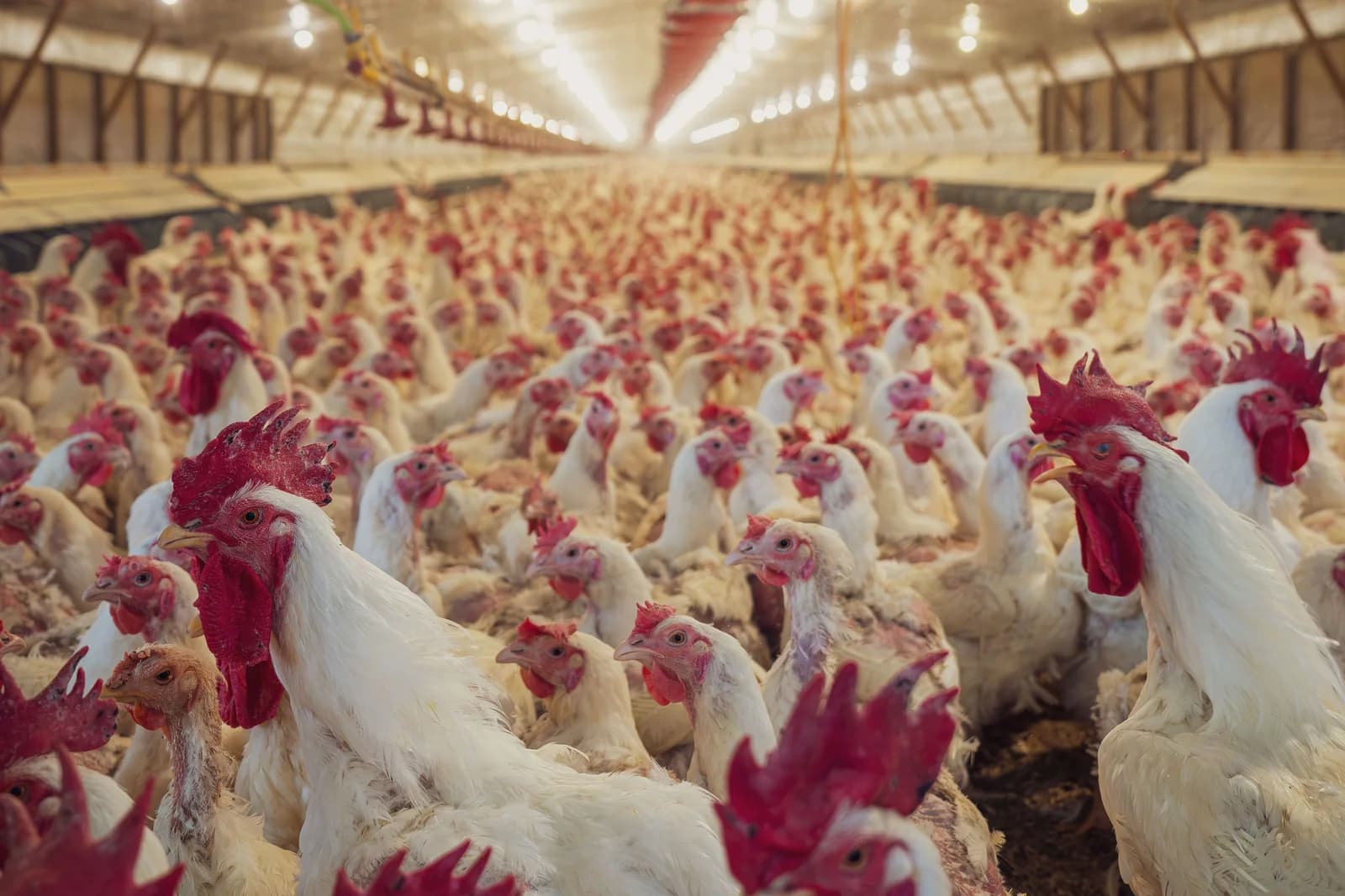 Commercial poultry production inside a large, well-lit farm building