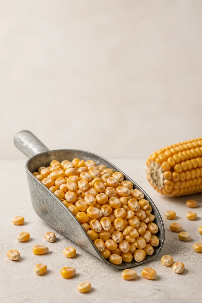 Dry yellow dent and flint maize kernels presented as a commercial sample