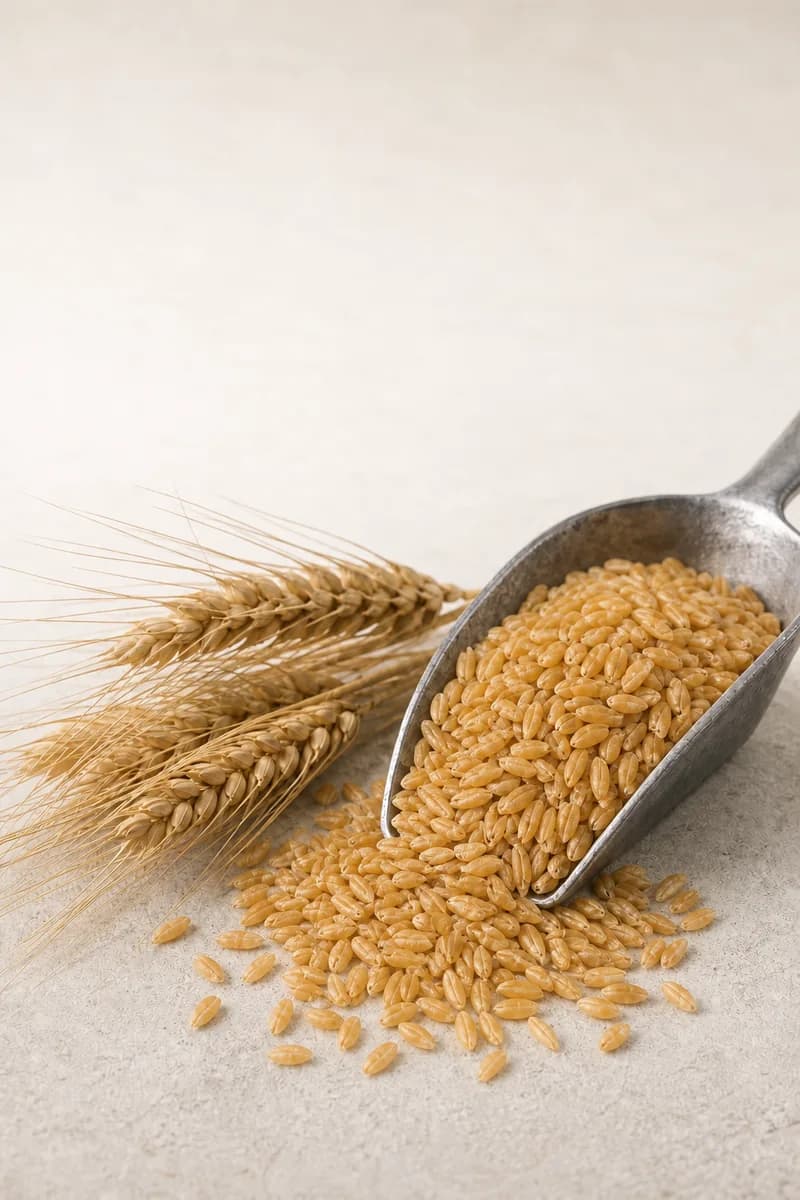 Natural amber vitreous durum wheat kernels and ears presented as a commercial sample