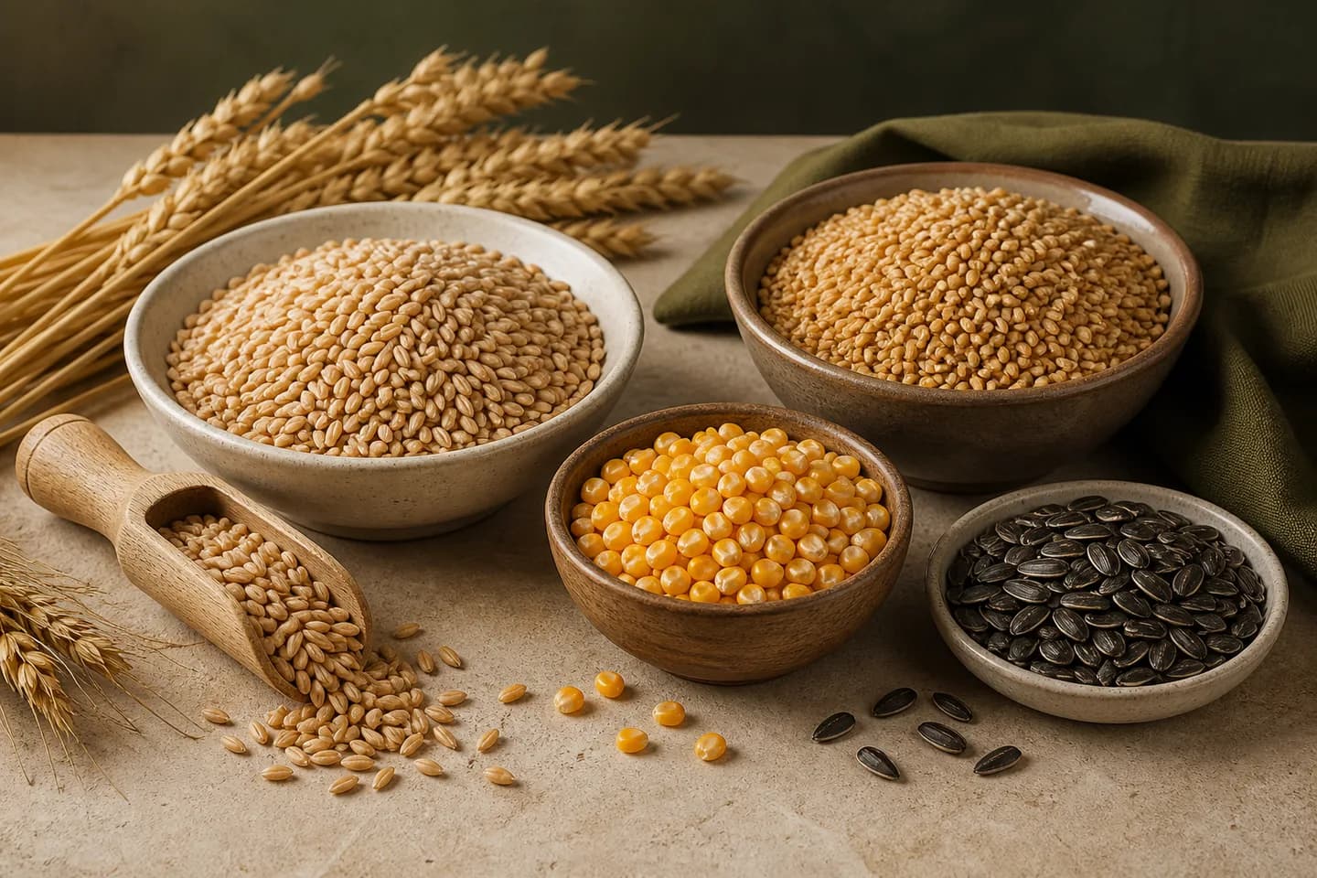 Wheat, corn and sunflower seed samples representing a quotation brief