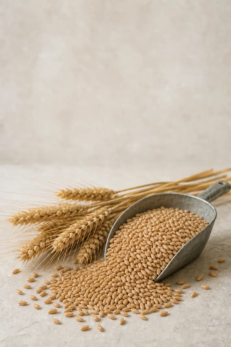 Natural pale golden common wheat kernels and ears presented as a commercial sample