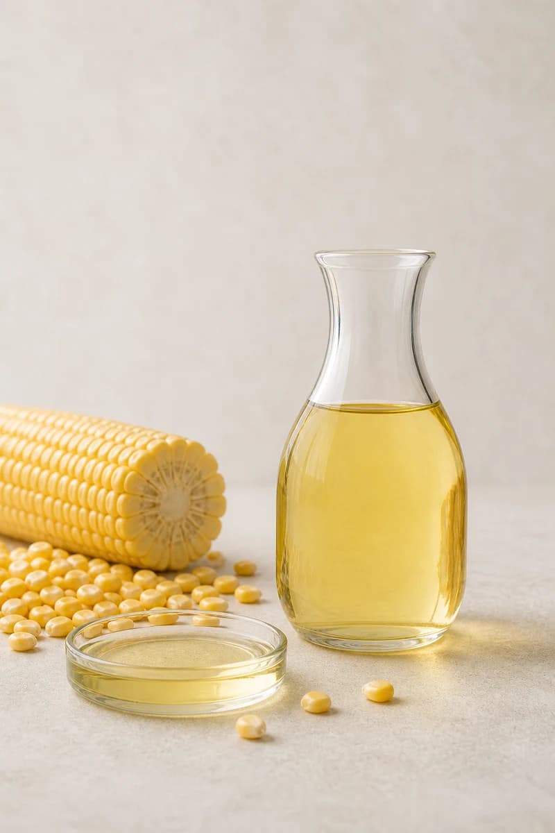 Clear pale-gold maize-germ oil with corn kernels presented as a commercial sample