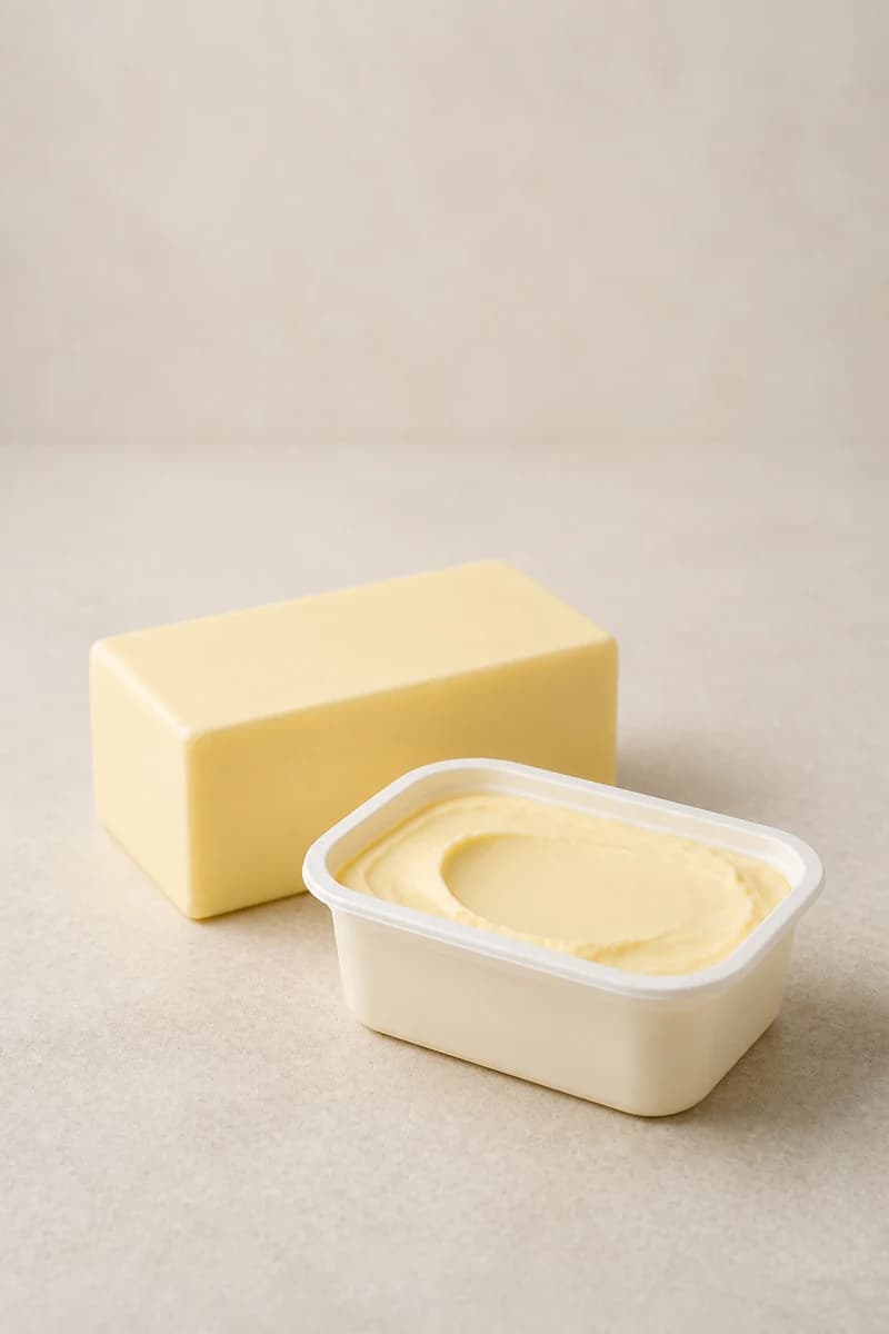 Pale yellow margarine blocks presented as an unbranded commercial sample