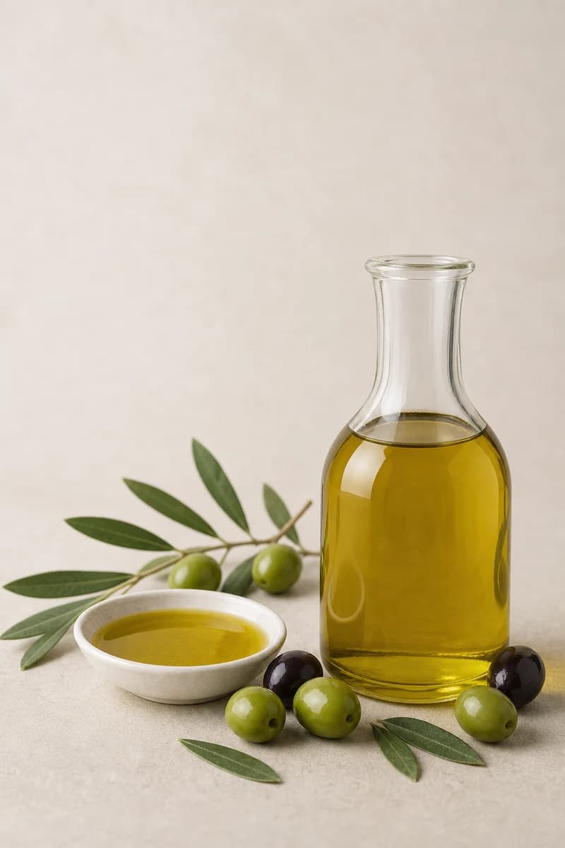 Green-gold olive oil with olives and leaves presented as a commercial sample